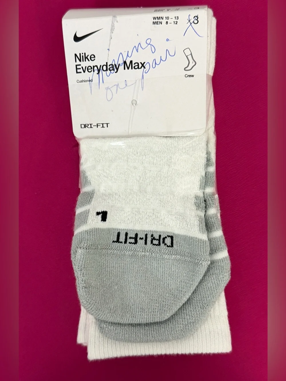 Unisex Nike Dri-Fit White & Gray Crew Athletic Socks Large (M8-12/W10-13) NWT